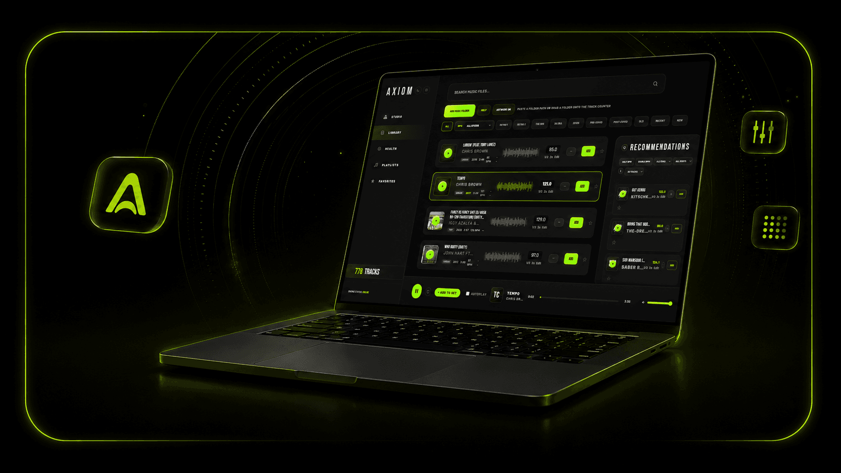 Laptop running the AXIOM DJ cockpit interface