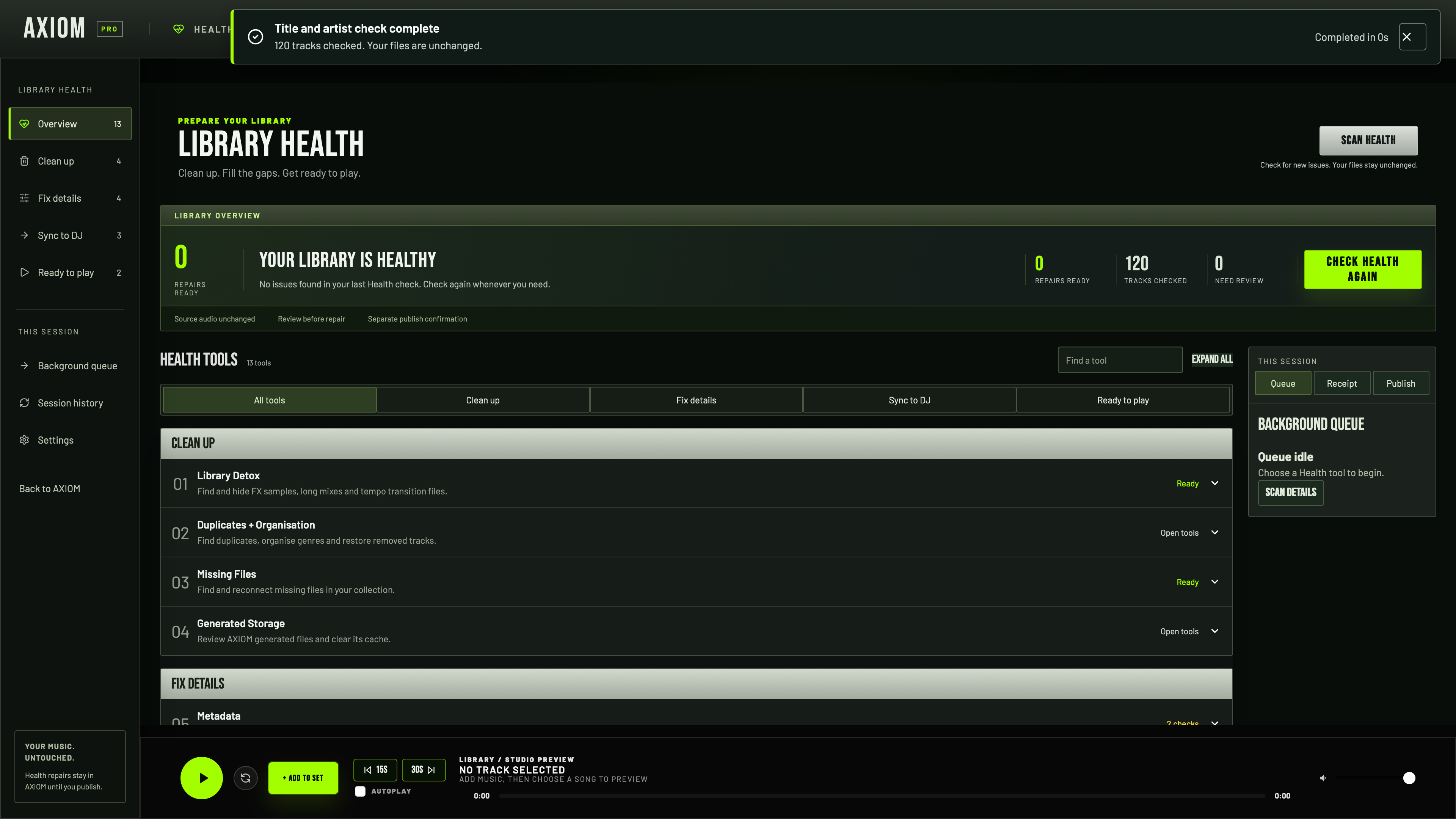 Real AXIOM Library Health screen with clean up, fix details and sync tools
