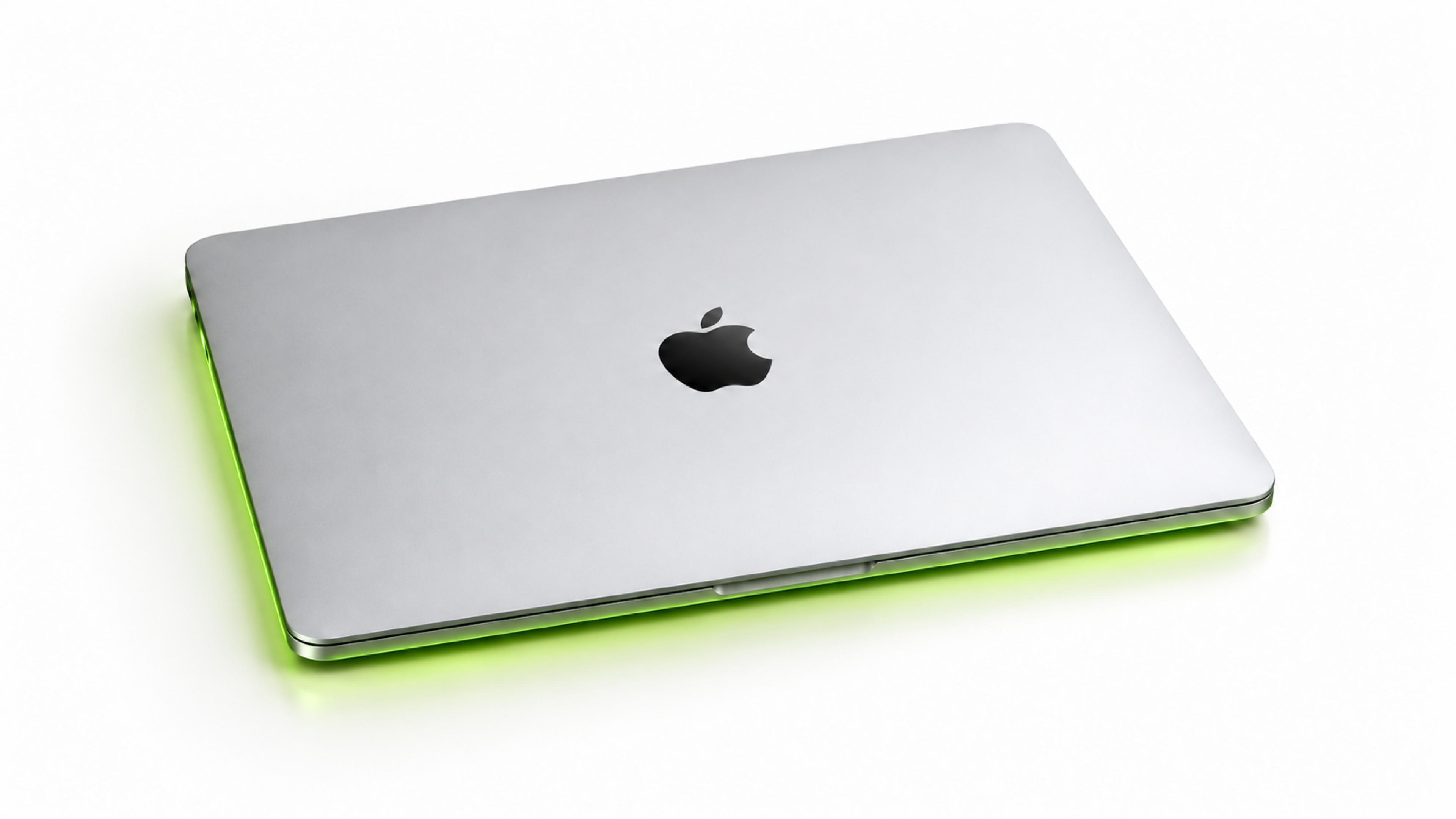 Closed silver MacBook Pro resting flat with coherent natural perspective and visible lime green edge light