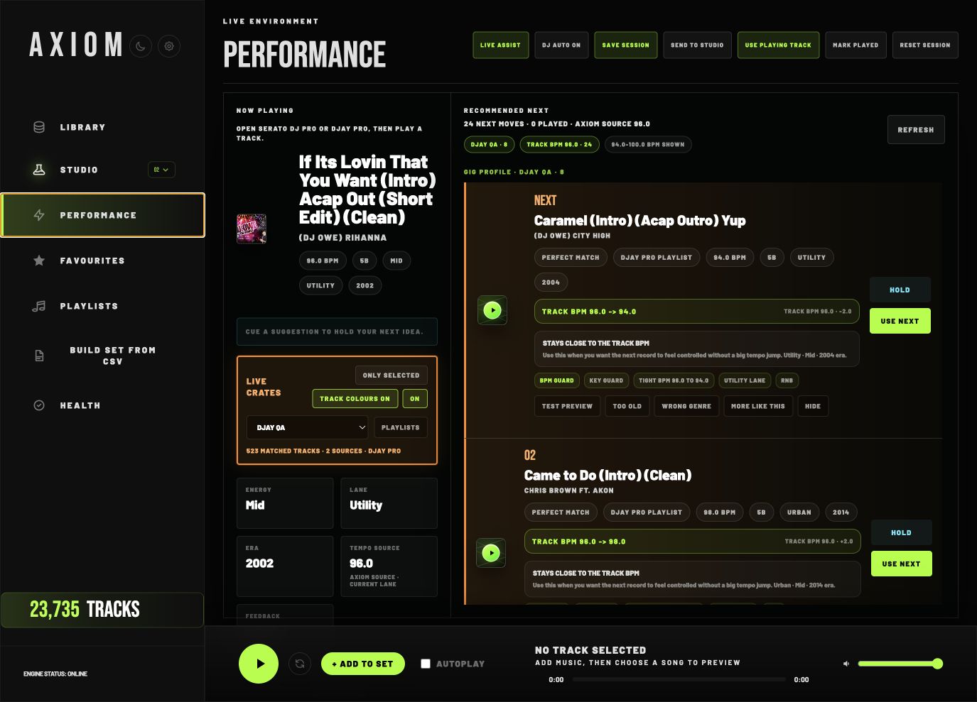 AXIOM Performance Mode shown beside a local DJ performance workflow