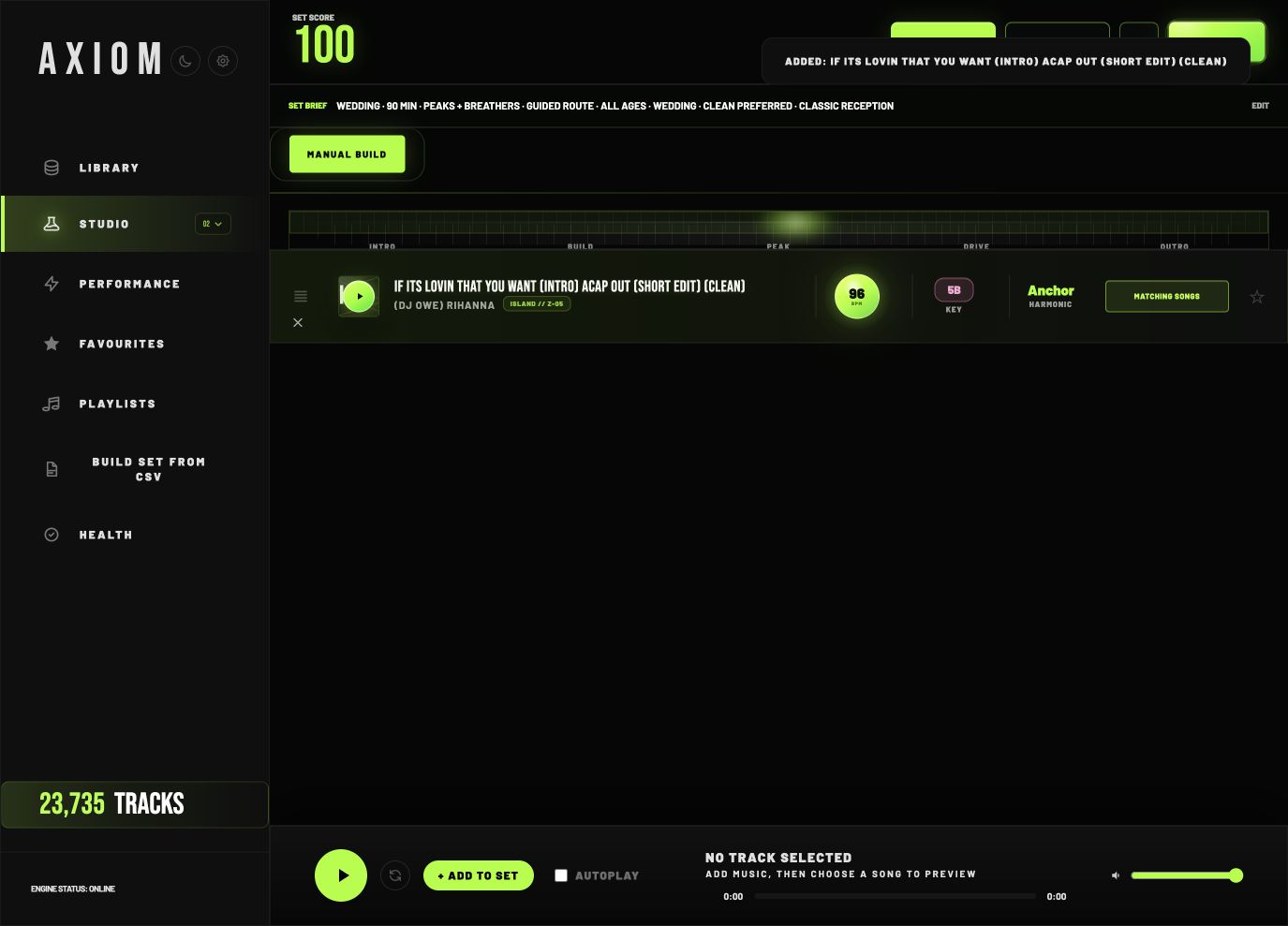 AXIOM Studio walkthrough showing a working set and track controls